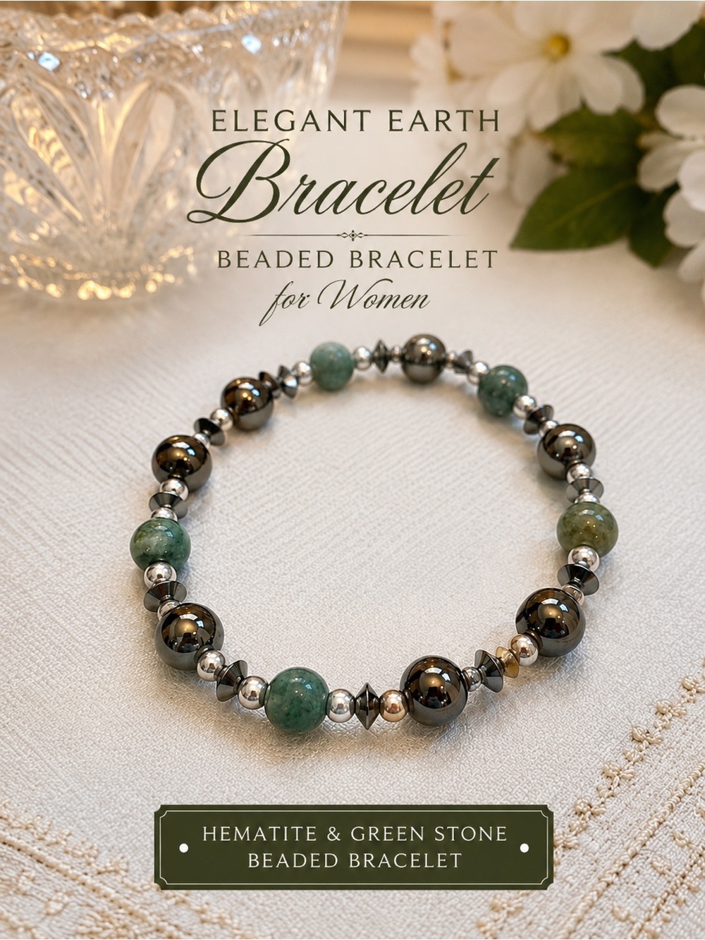Women’s Hematite & Green Stone Beaded Bracelet | Stretch Bracelet